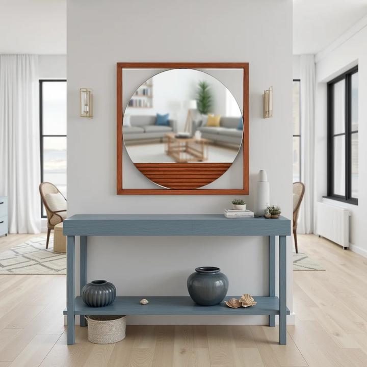 The Louise Wood Mirror styled in a contemporary interior, showing its scale and material character in room context.