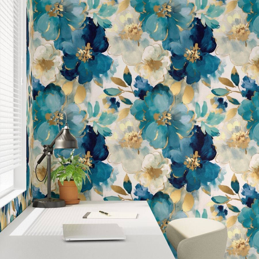 The Liliane Wallpaper — Painted Peony, Teal & Gold — jpg