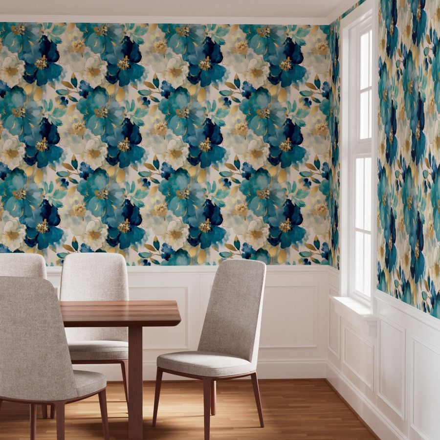 The Liliane Wallpaper — Painted Peony, Teal & Gold — product view