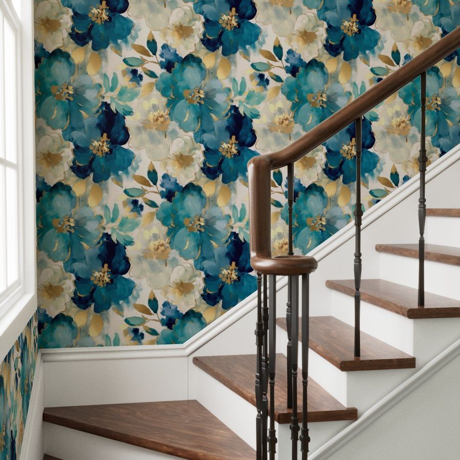 The Liliane Wallpaper — Painted Peony, Teal & Gold — jpg