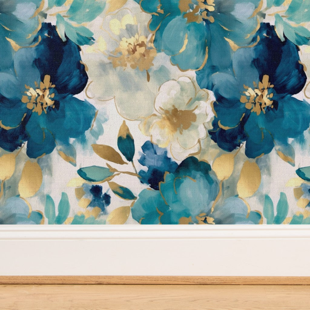 The Liliane Wallpaper — Painted Peony, Teal & Gold — jpg