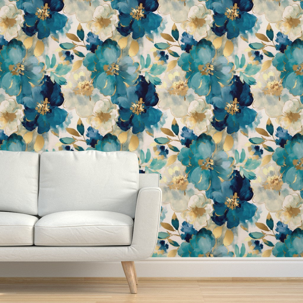 The Liliane Wallpaper — Painted Peony, Teal & Gold — jpg