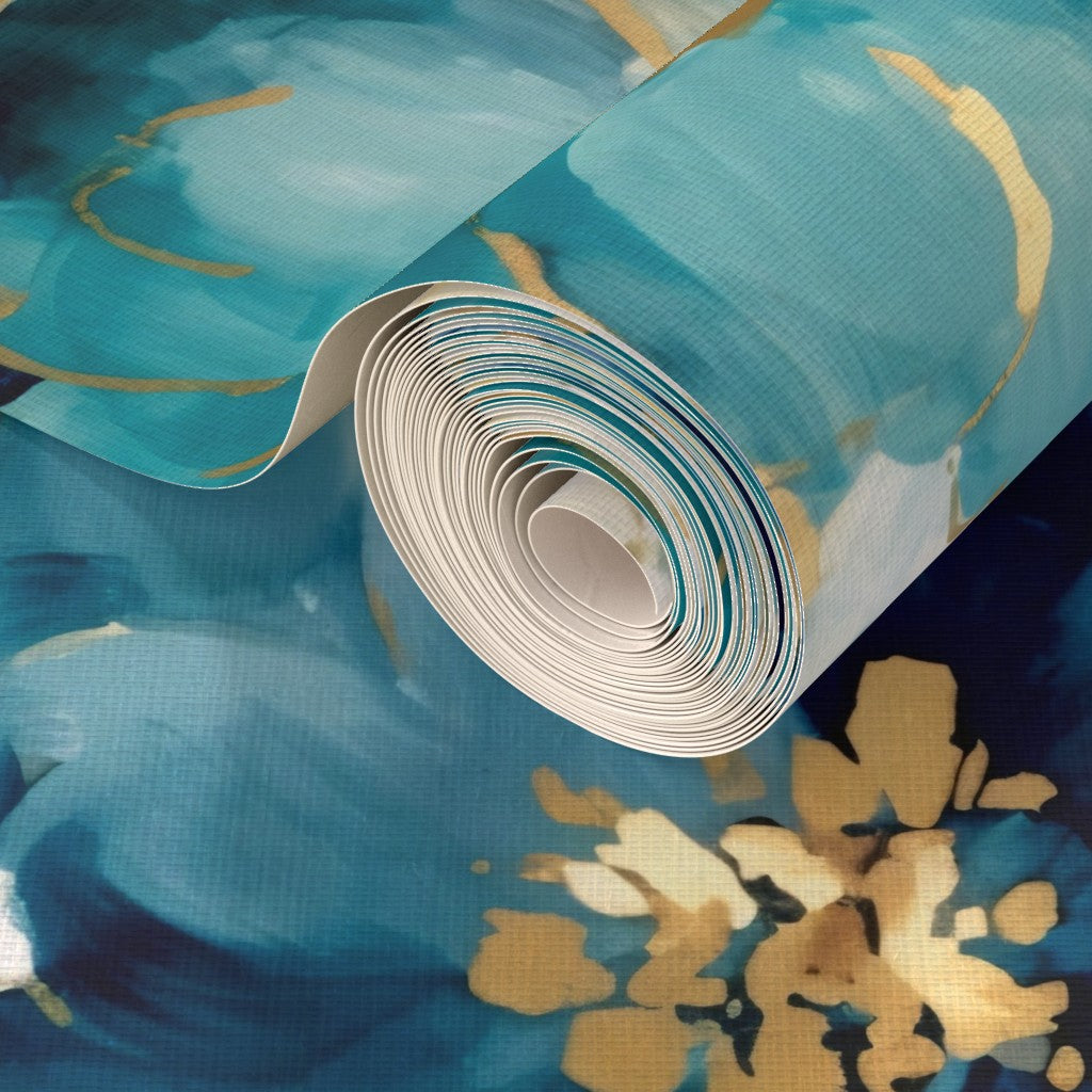 The Liliane Wallpaper — Painted Peony, Teal & Gold — jpg