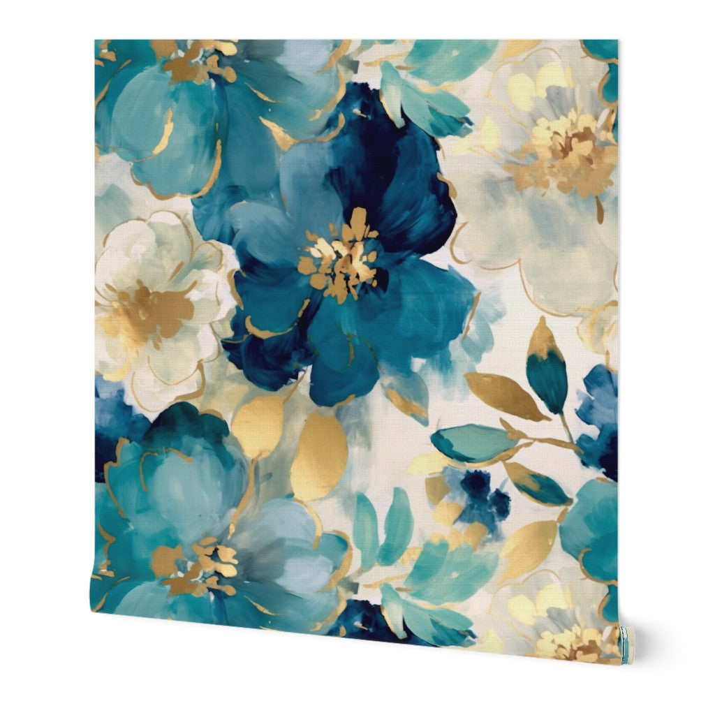 The Liliane Wallpaper — Painted Peony, Teal & Gold — jpg