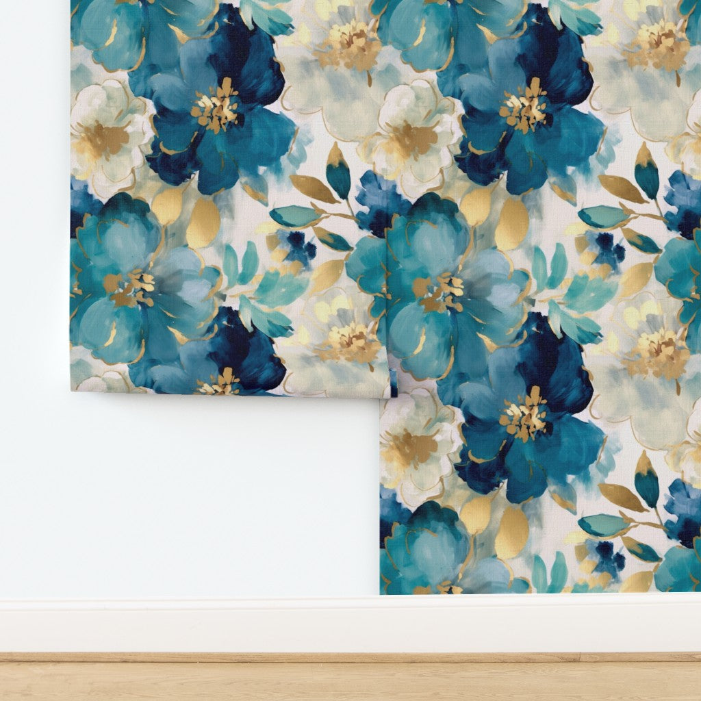 The Liliane Wallpaper — Painted Peony, Teal & Gold — jpg