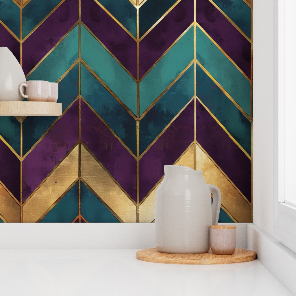The Odalie Wallpaper — Faceted Chevron, Jewel & Gold — jpg