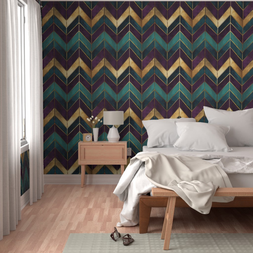 The Odalie Wallpaper — Faceted Chevron, Jewel & Gold — product view