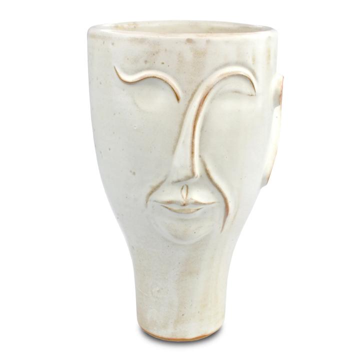 The Poet Medium Vase in milky white hand-thrown terracotta with an abstract profile silhouette.