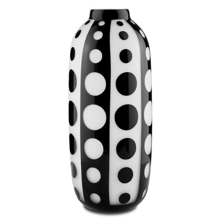 The Cicero Large Vase with layered black-and-white glass pattern across a tall narrow form.
