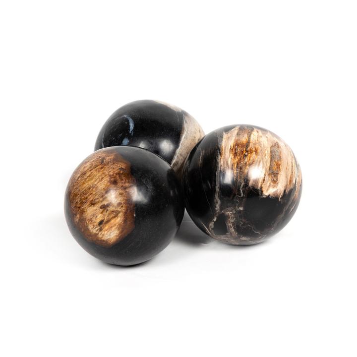 Full view of the Palu Petrified Wood Sphere Set showing three dark patterned spheres of similar size.