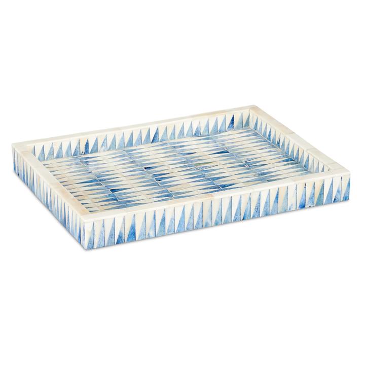 The Nadene Tray with hand-applied blue and ivory bone in a jagged geometric pattern.
