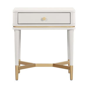 The Sylvie Nightstand styled in a refined modern interior, showing its realistic scale, materials, and relationship to surrounding furnishings.