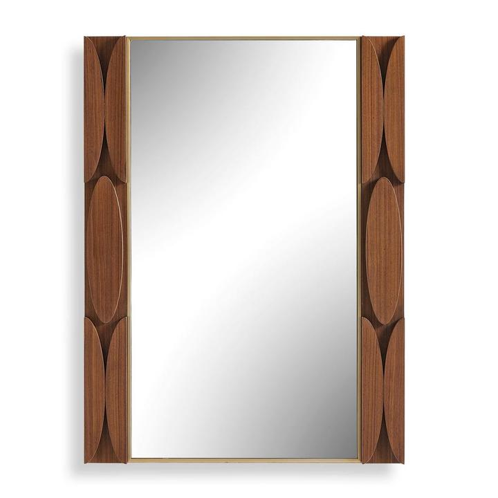 The Macario Wood Mirror with a warm walnut-veneer rectangular frame and antique-gold inner edge.