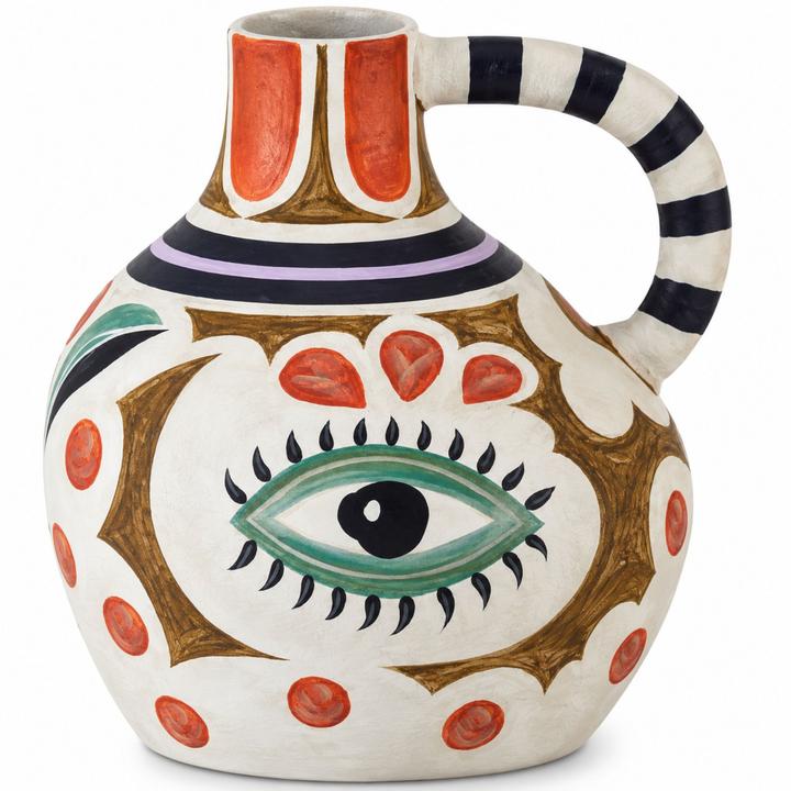 The Hamsa Demijohn Vase with multicolored glazed motifs across a matte terracotta body.
