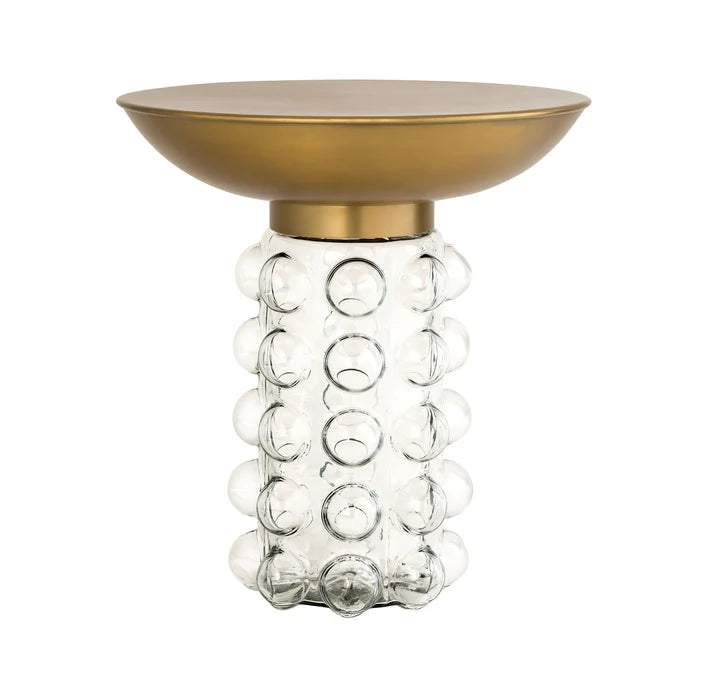 The Perrine Side Table shown in a clean product view highlighting its bubble glass & antique brass.