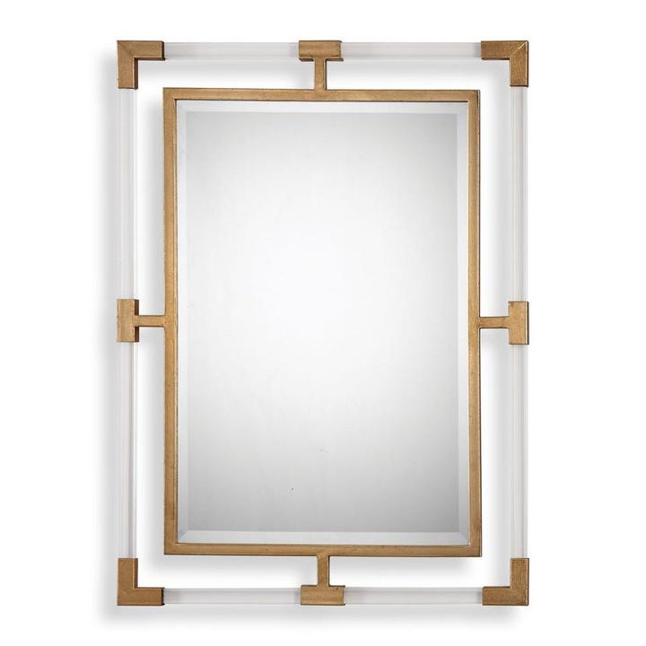 The Gabrielle Mirror with a metallic gold-leaf iron frame and suspended clear acrylic bars.