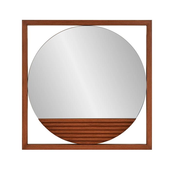 The Louise Wood Mirror with a round reflective center inside a square brown wood frame.