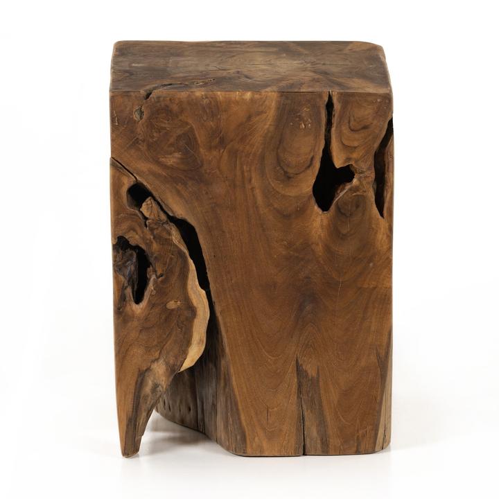 Full view of the Fabienne Teak Root Accent Table showing its compact block-like form in aged natural teak.