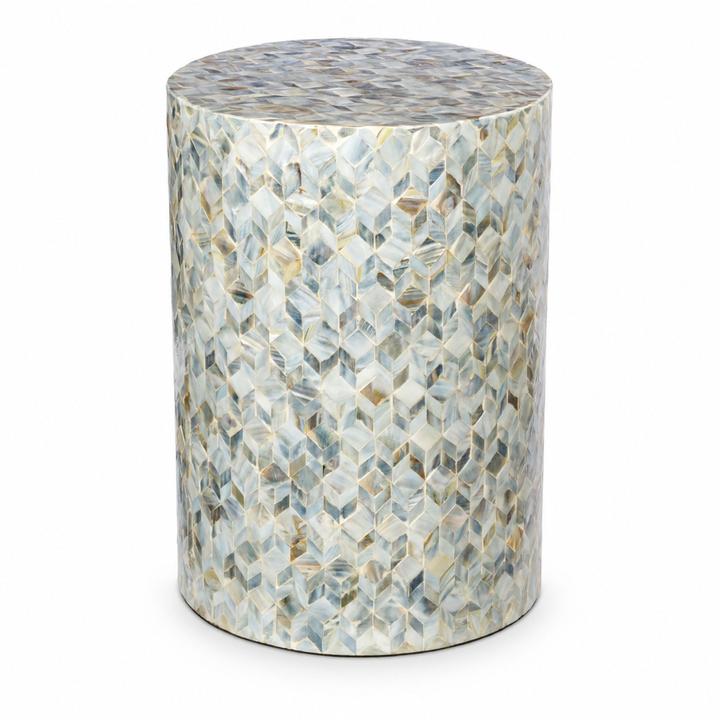 The Aurore Side Table shown in a clean product view highlighting its iridescent lacquered shell.