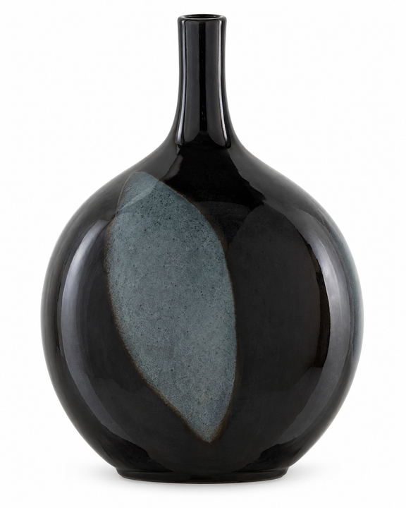 The Let Us Twist the Glass Round Vase in jet-black ceramic with pale steel-blue surface patches.
