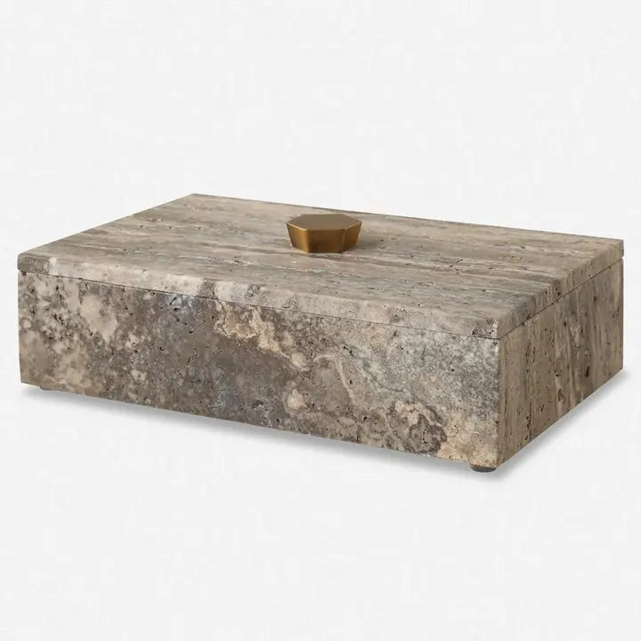 The Augustin Travertine Box shown in a clean product view highlighting its unfilled stone & bronze.