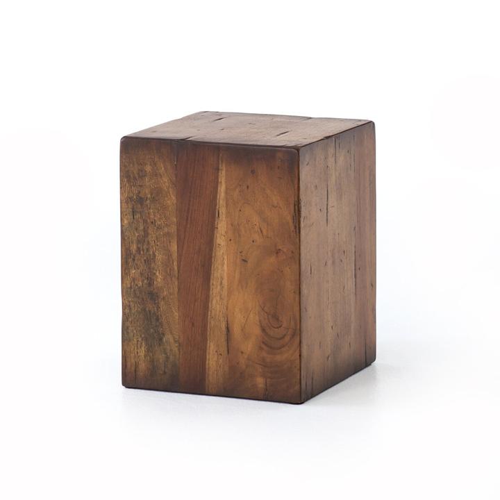 The Mathilde Reclaimed Wood End Table in warm brown reclaimed fruitwood.
