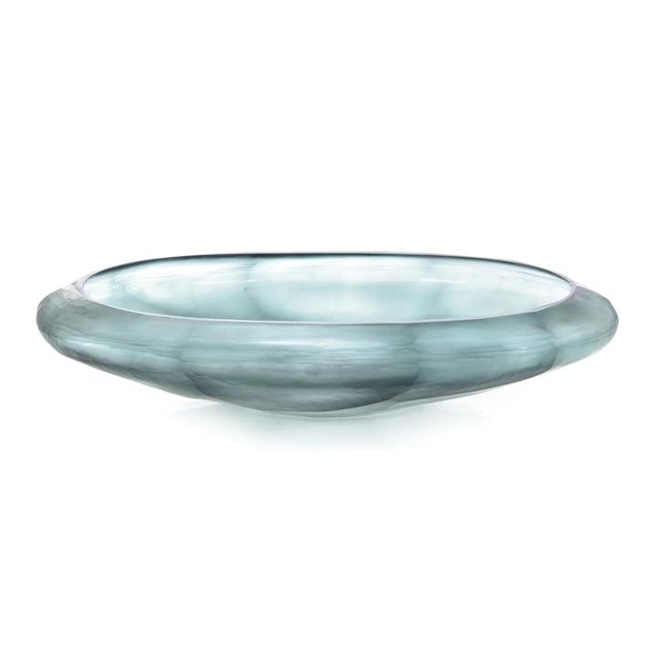 Front product view of The Marine Glass Bowl showing its low elliptical profile, thick rim, and layered translucent blue glass.