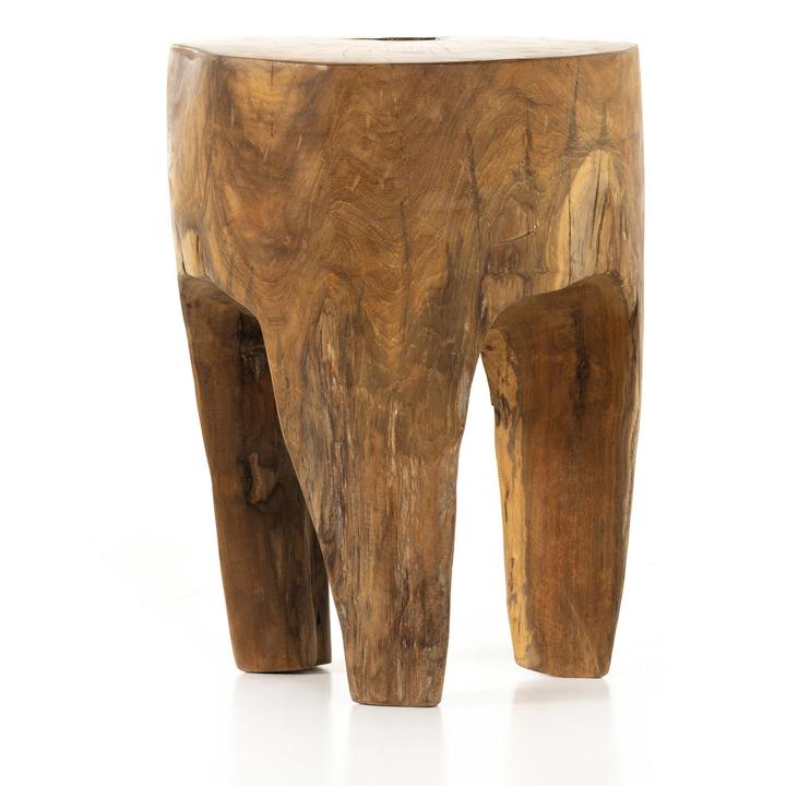 Full view of the Corinne Teak Root End Table showing its compact irregular root form in aged natural teak.