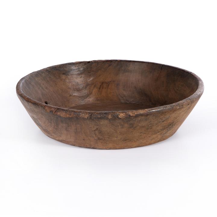 Full view of the Maya Reclaimed Wood Bowl showing its wide, shallow parat-inspired silhouette and natural brown grain.