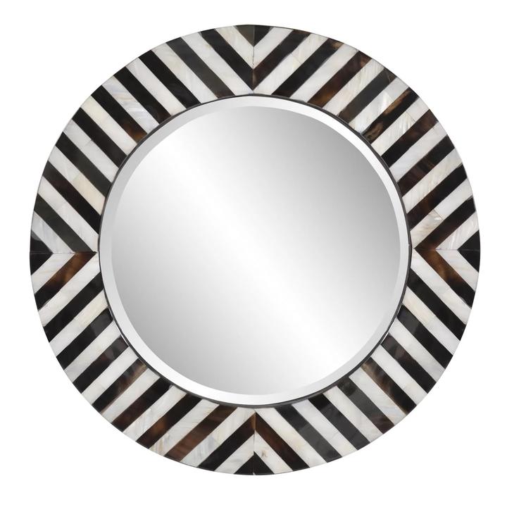 The Julianna Horn & Shell Mirror with black horn and mother-of-pearl shell tiles around a round mirror.