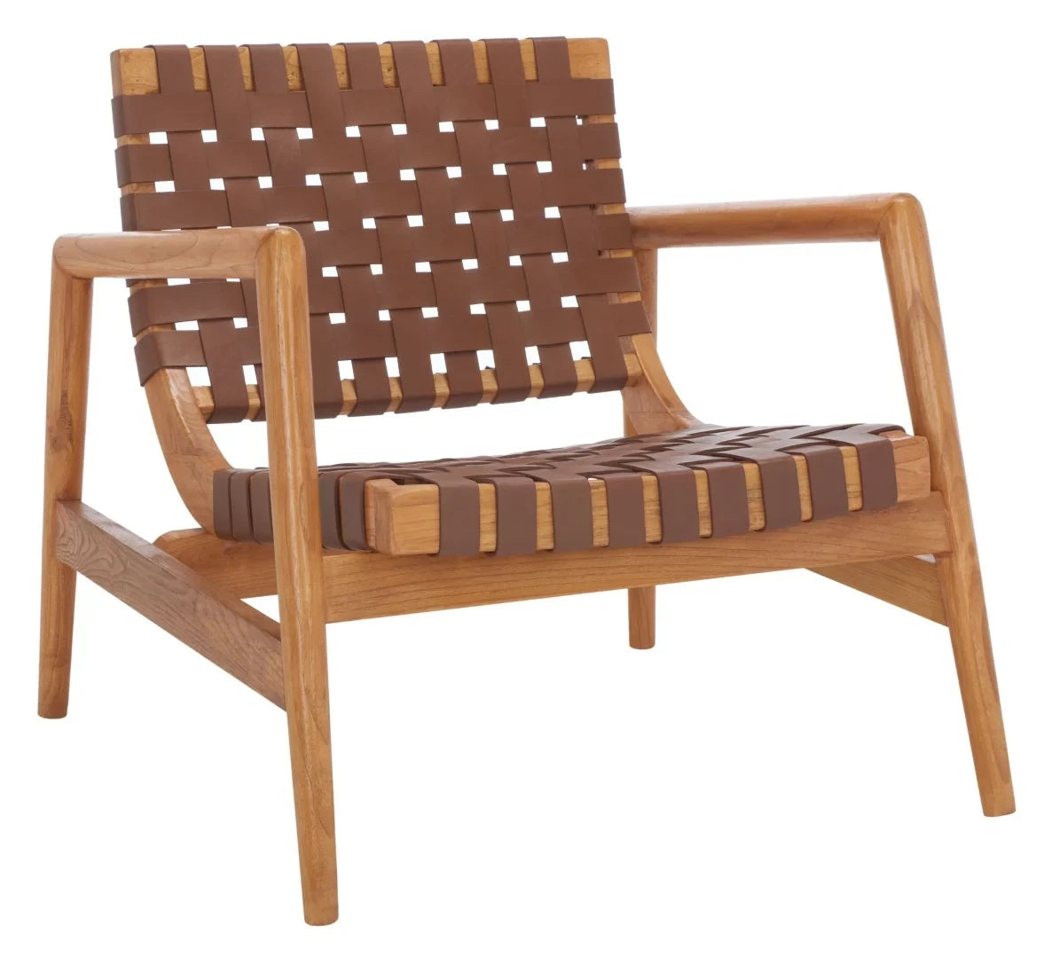 The Henri Accent Chair styled in a warm modern living room, highlighting its woven cognac leather and natural Mindi wood frame.