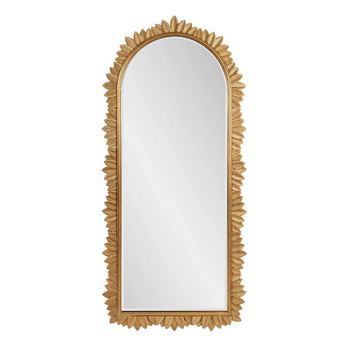 The Palmette Arch Mirror with a tall arched reflective field framed by detailed gold-finished metal leaves.