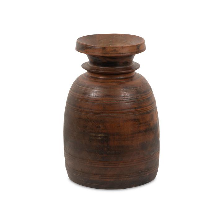 Full view of the Pauline Reclaimed Wood Vessel showing its wide-bodied jar form, flared rim, and layered brown grain.