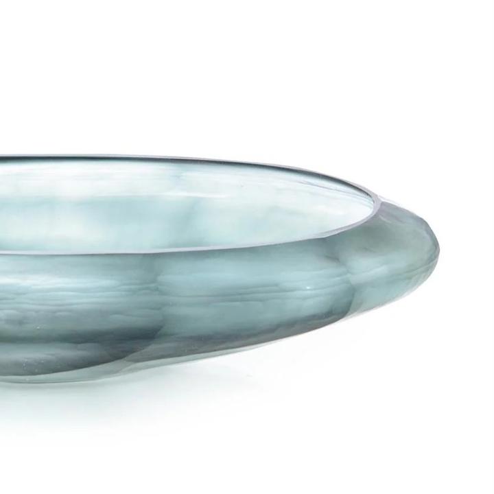 Close side detail of The Marine Glass Bowl emphasizing the rolled rim and smoky blue striations.