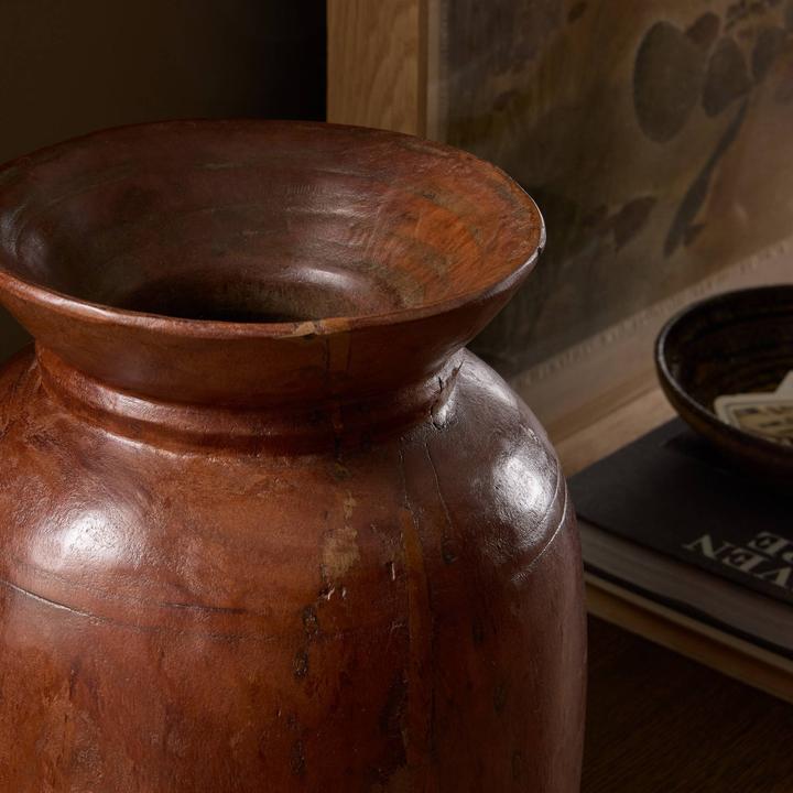 Angled view of the Pauline Reclaimed Wood Vessel highlighting the rounded body and natural reclaimed-wood markings.