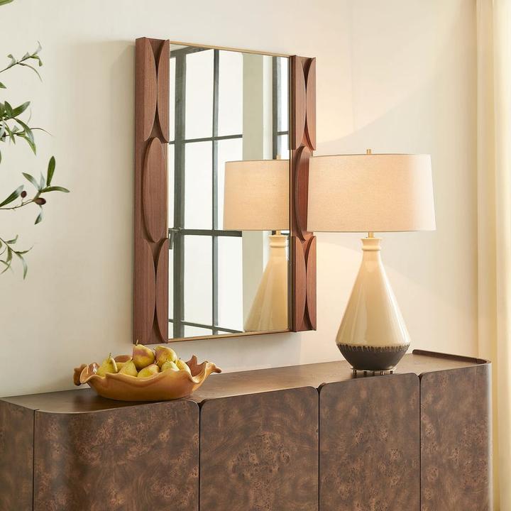 Second product view of the Macario Wood Mirror showing the walnut veneer and narrow antique-gold trim.
