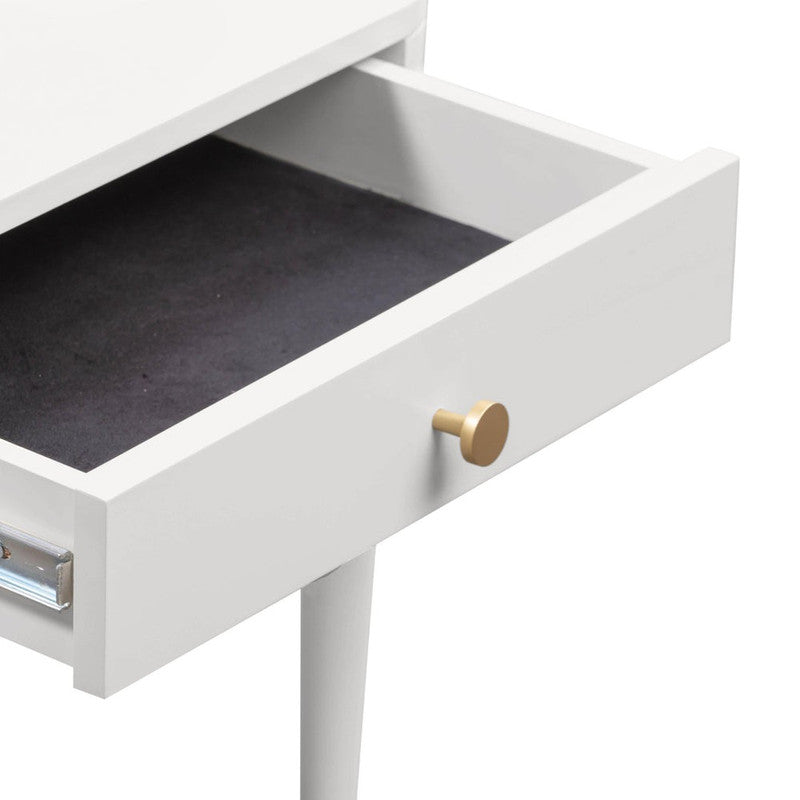 The Sylvie Nightstand in a second editorial interior setting, emphasizing its proportions, finish, and use within a layered L’Élément de Joie room.