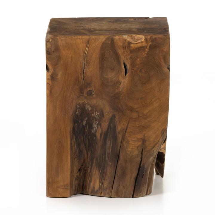 Angled view of the Fabienne Teak Root Accent Table highlighting the square proportion and organic root edges.