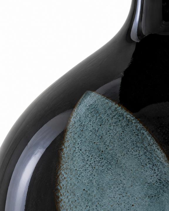 Second product view of the black and steel-blue ceramic vase showing its rounded body and compact neck.