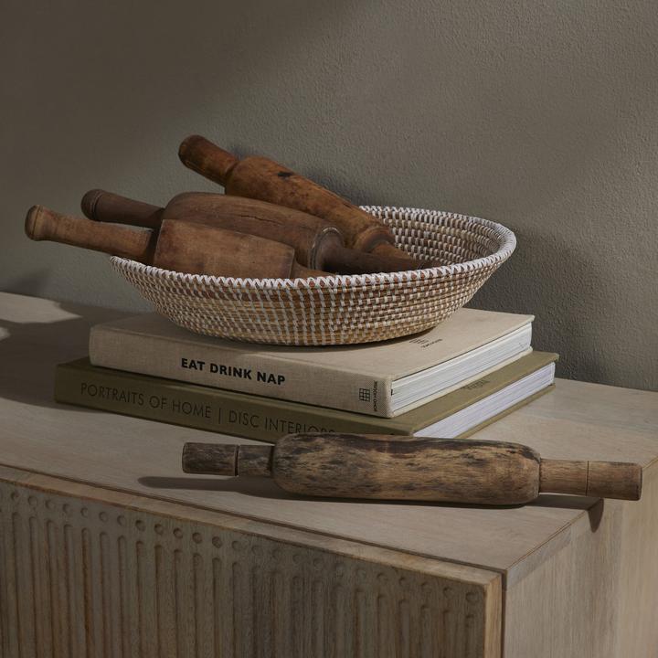 Detail of the Maya Chapati Roller Set highlighting distressed wood, cracks, wear, and natural color variation.