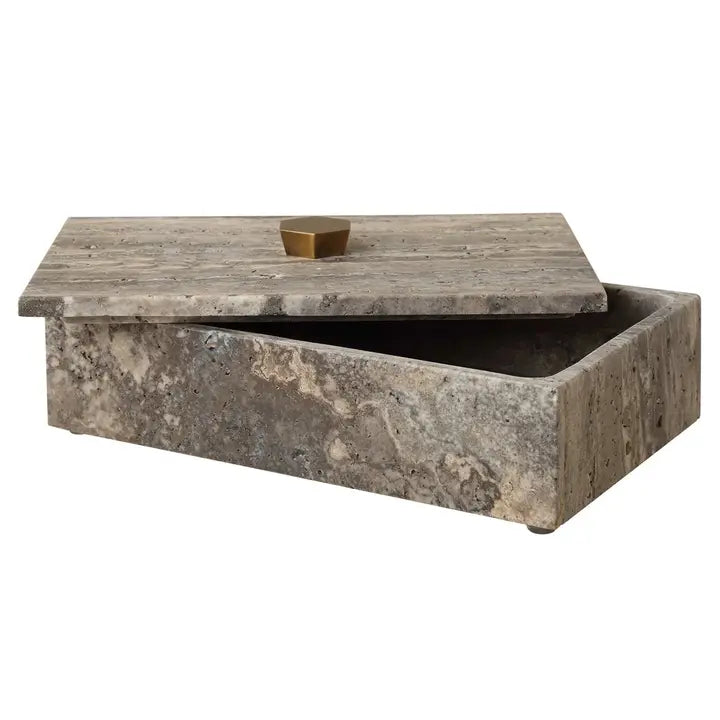 Second product view of The Augustin Travertine Box showing the overall silhouette, proportions, and material finish.