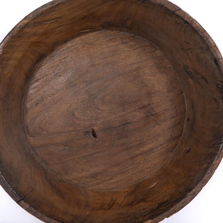 Angled view of the Maya Reclaimed Wood Bowl highlighting the broad rim, low profile, and reclaimed-wood character.
