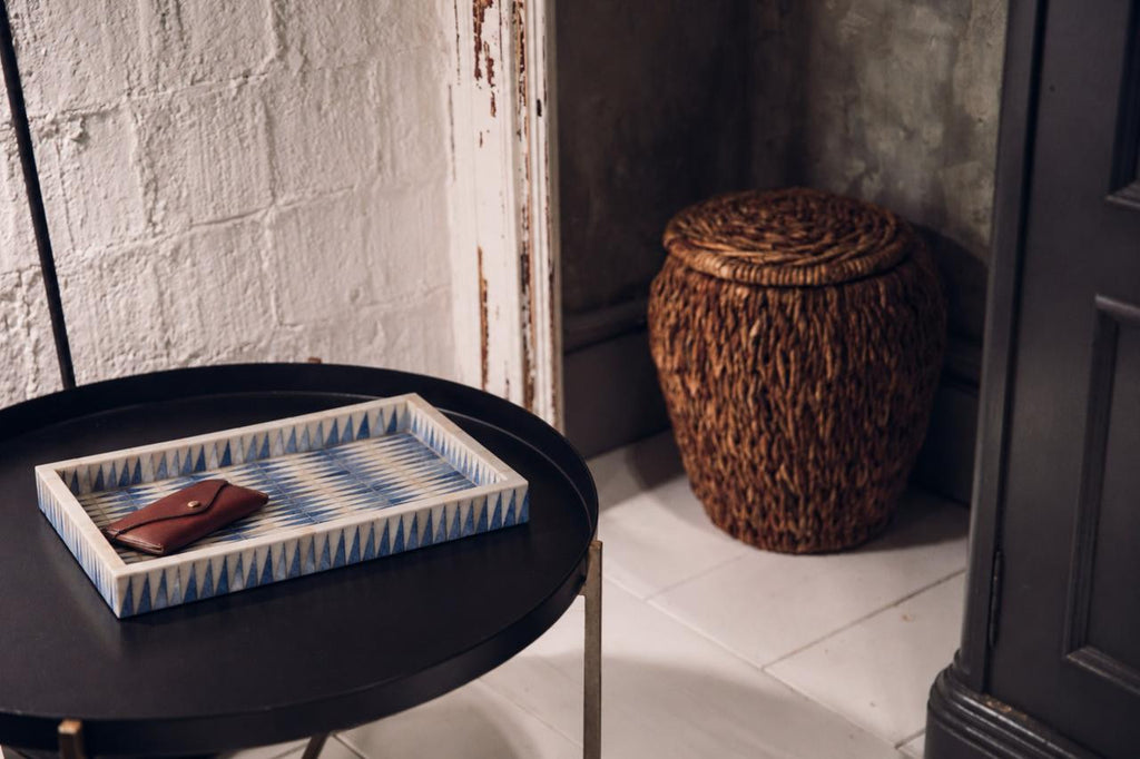 Additional view of the Nadene Tray emphasizing the blue and ivory hand-applied bone surface.