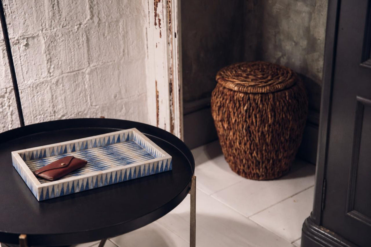 Additional view of the Nadene Tray emphasizing the blue and ivory hand-applied bone surface.
