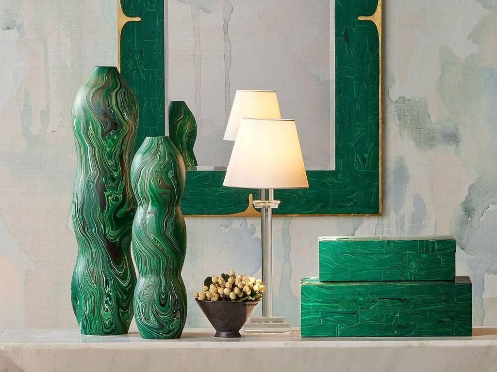 Additional view of the Tamarind Green Vase emphasizing the fluid dark-green marbling across the wood body.