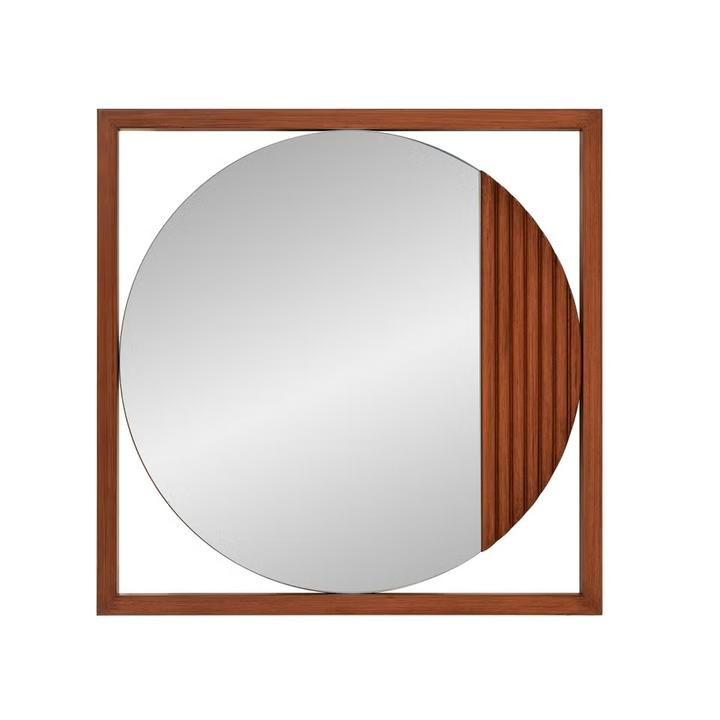 Detail view of the Louise Wood Mirror emphasizing the grooved wood slats across the lower frame.