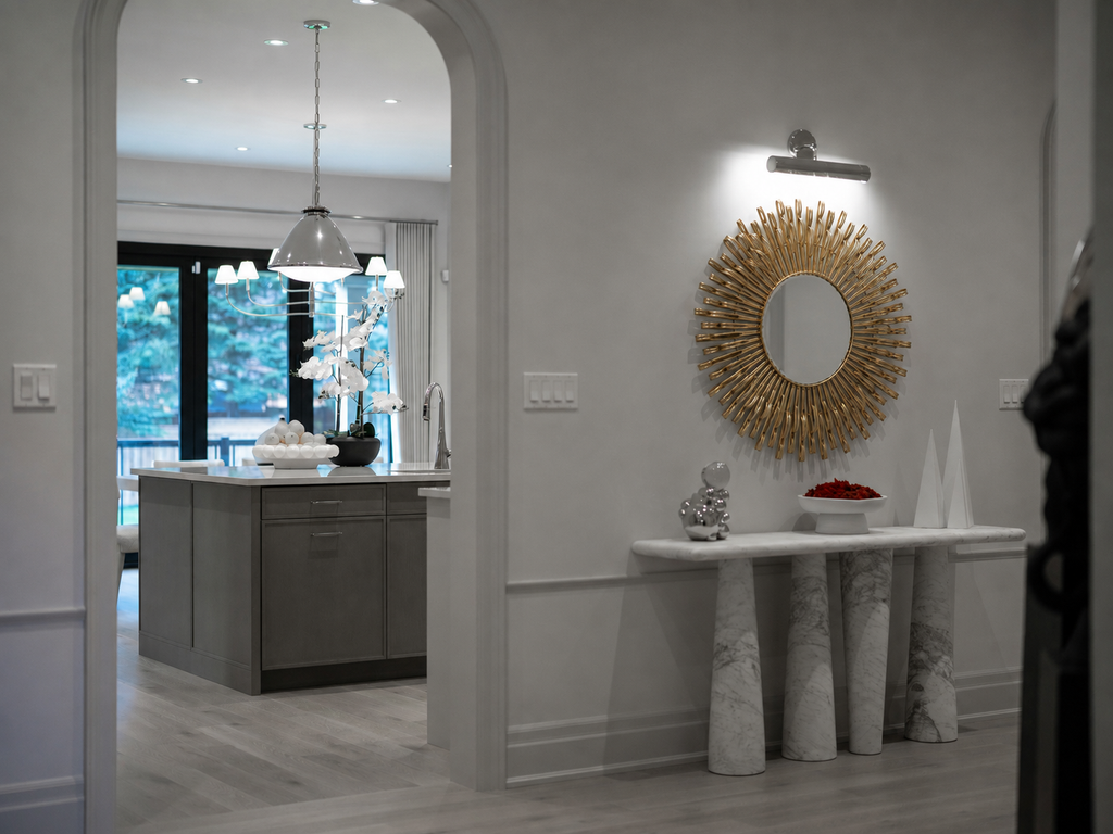 Closer view of the Bérénice Mirror emphasizing the repeated curled spokes surrounding the 12.4-inch round mirror.