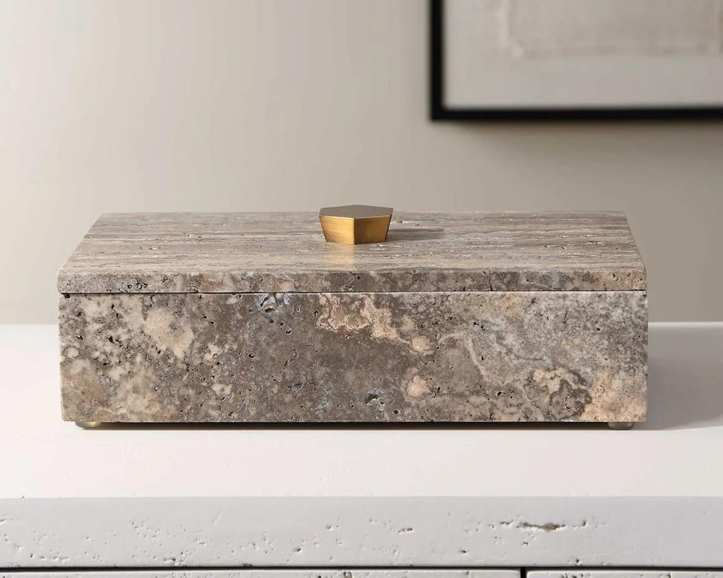 Additional view of The Augustin Travertine Box emphasizing surface texture, color variation, and construction details.
