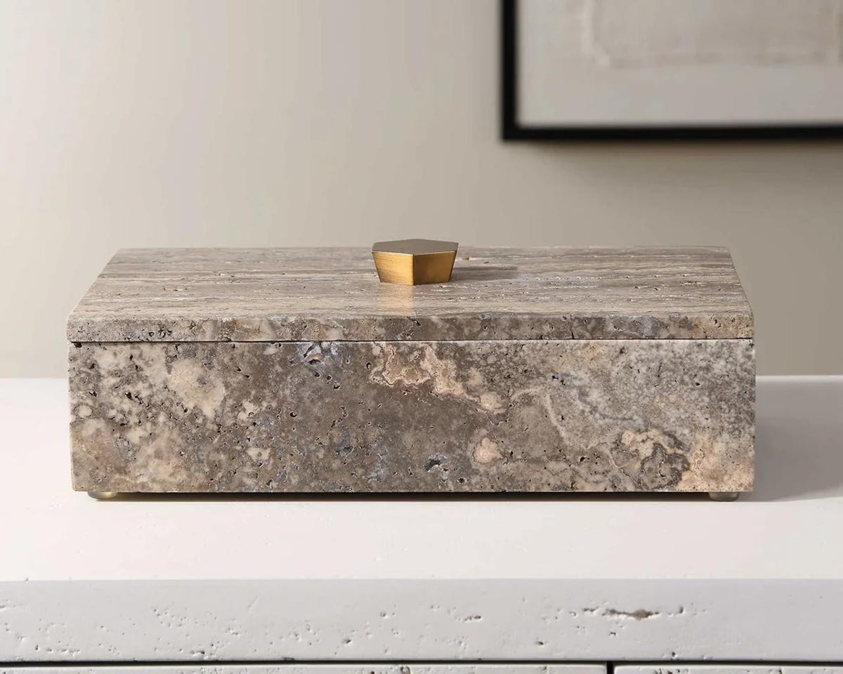 Additional view of The Augustin Travertine Box emphasizing surface texture, color variation, and construction details.