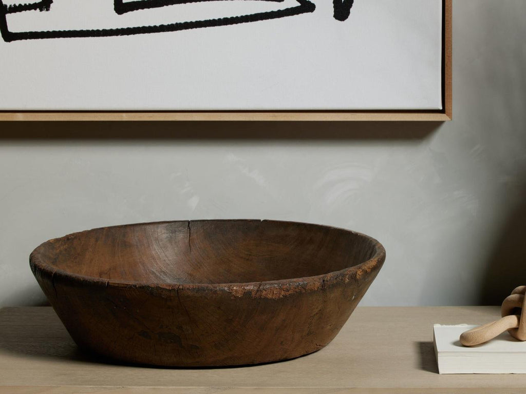 Close view of the Maya Reclaimed Wood Bowl showing natural grain, cracks, wear, and tonal variation in the reclaimed wood.